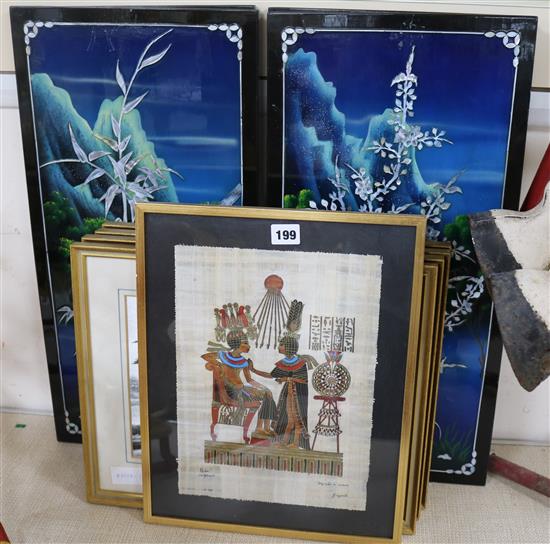 Four Japanese embroidered panels and other panels